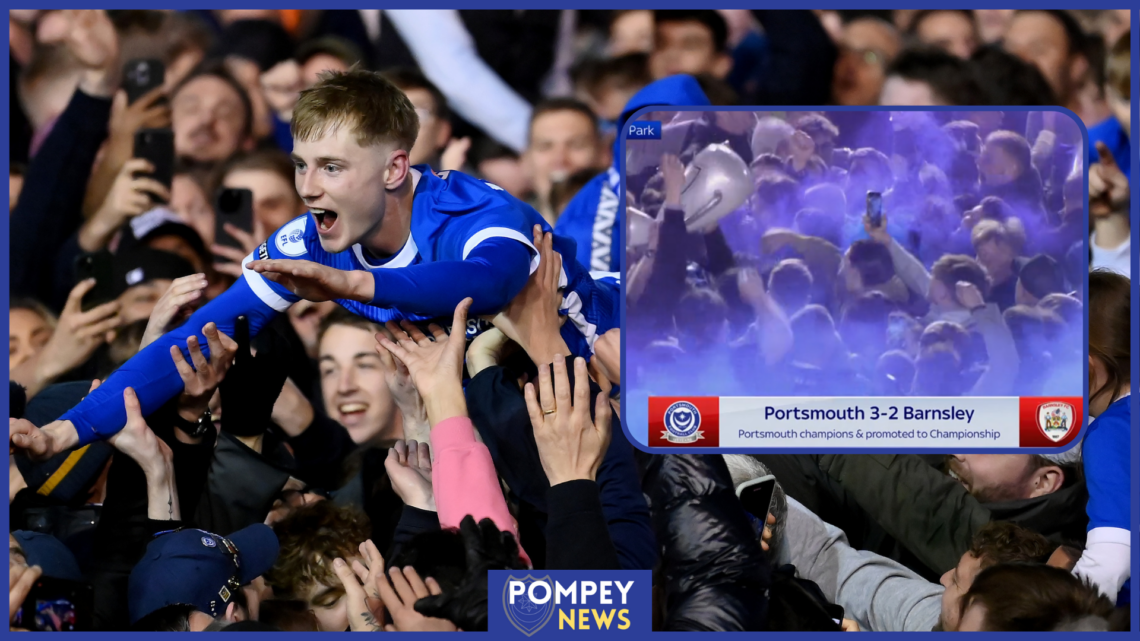 Portsmouth star Paddy Lane crowdsurfs at Fratton Park.
