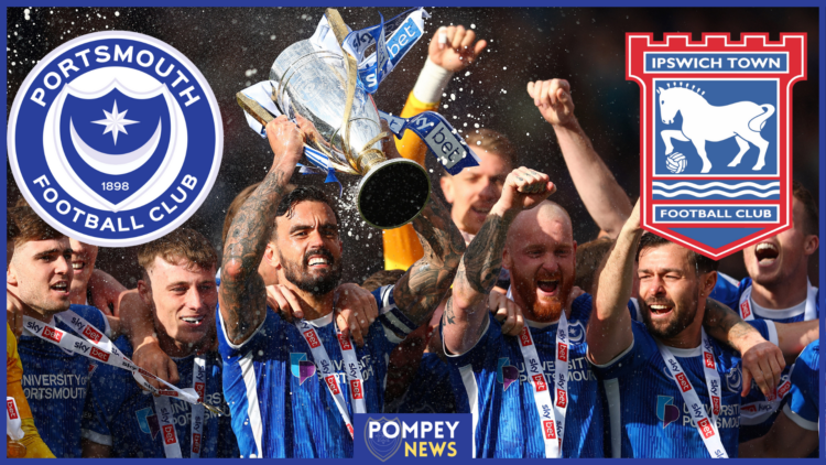 Portsmouth badge, Ipswich Town badge, Portsmouth players celebrate