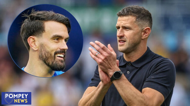 Portsmouth manager John Mousinho and Marlon Pack