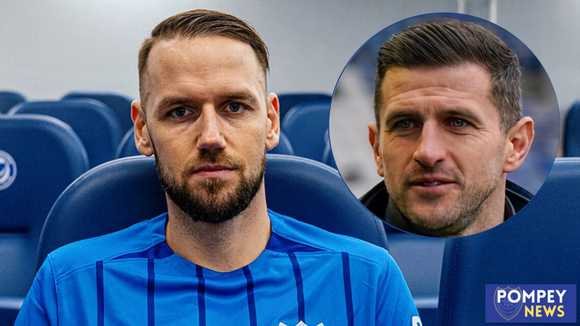 Portsmouth manager John Mousinho and Alexander Milosevic
