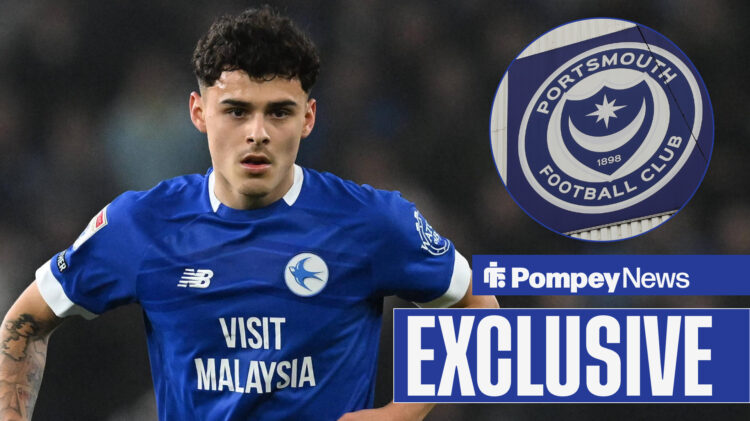 Alexander Robertson and Portsmouth badge at Fratton Park