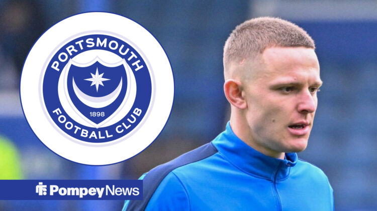 Colby Bishop in Portsmouth training gear, with Portsmouth badge in circular frame inset