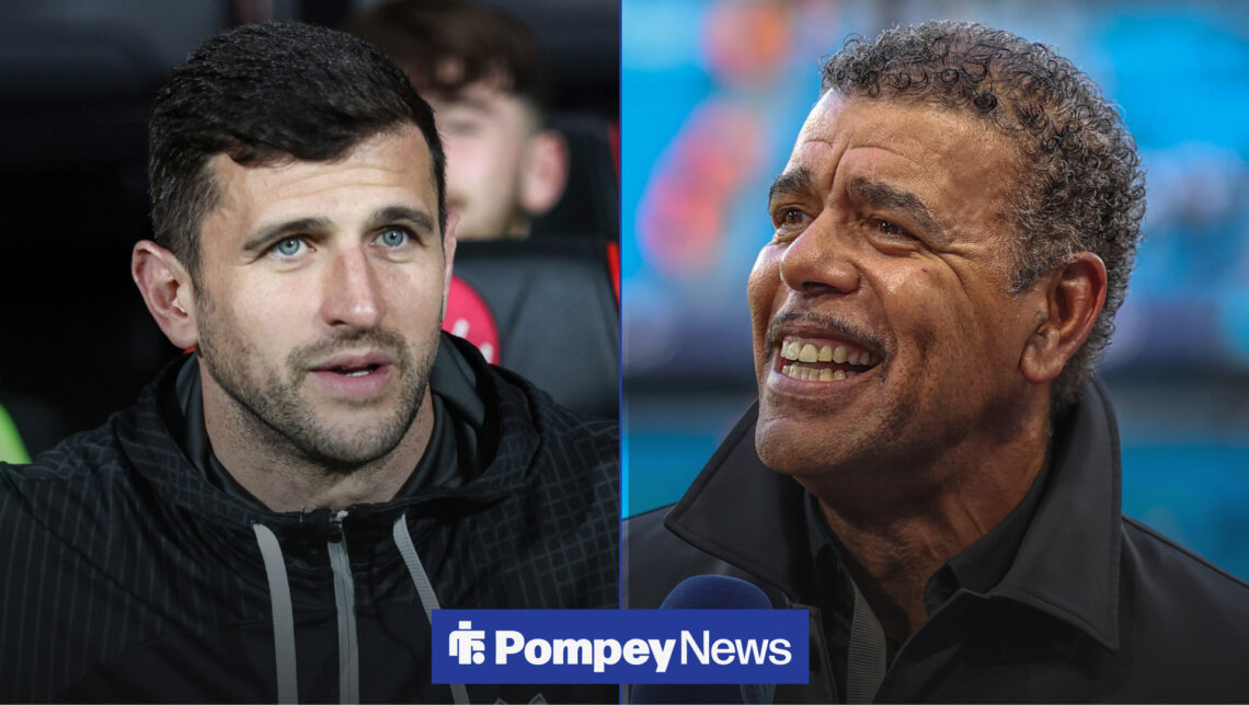 TV pundit Chris Kamara smiles at Portsmouth manager John Mousinho.