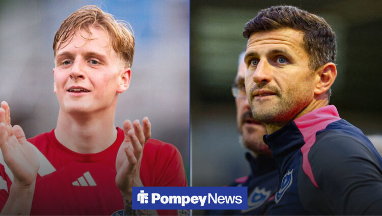 Portsmouth-linked midfielder Pelle Mattsson applauds as manager John Mousinho watches on.
