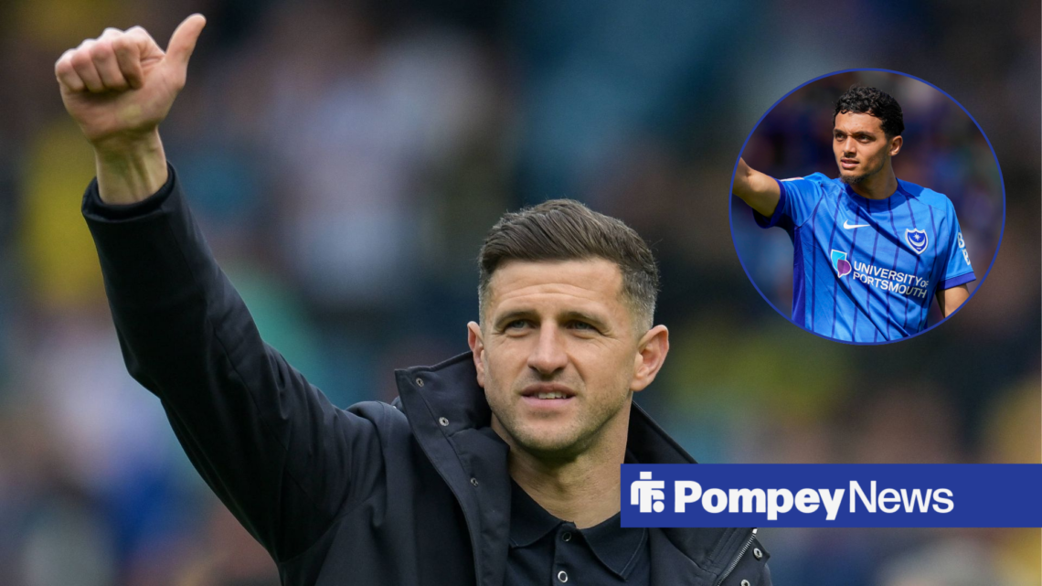 John Mousinho with thumbs up, with Andre Dozzell in circular inset