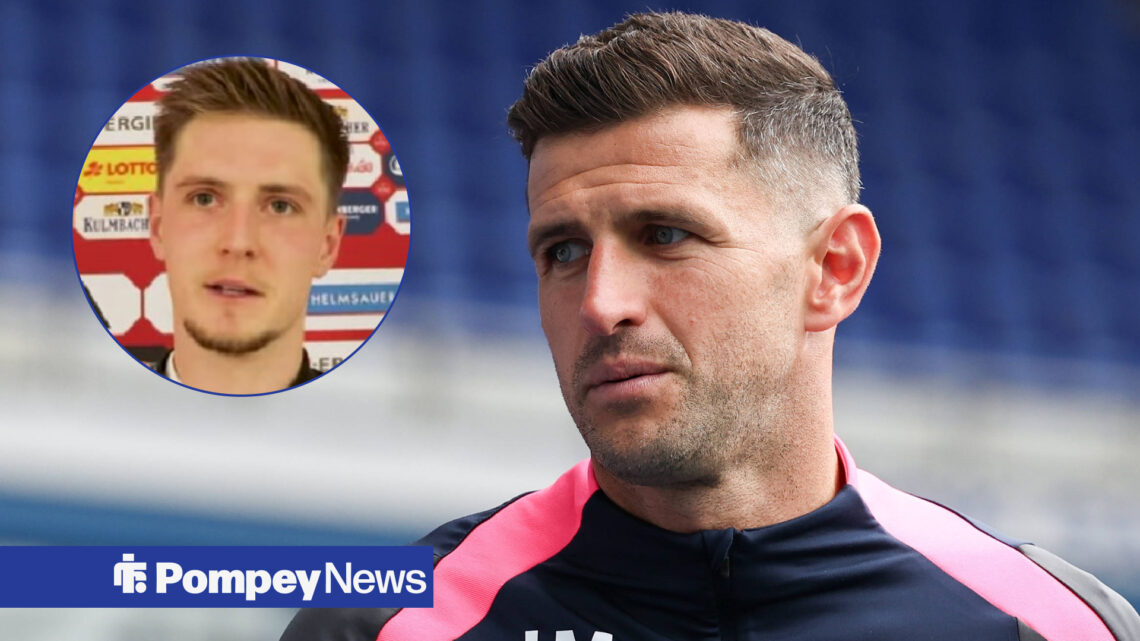 John Mousinho looking to his right, with Josh Knight in a circular frame