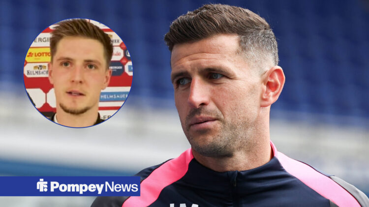 John Mousinho looking to his right, with Josh Knight in a circular frame