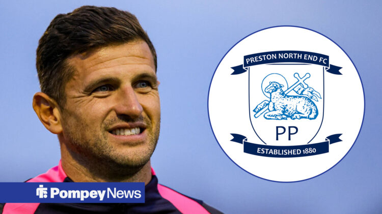 John Mousinho smiling with Preston badge in circular inset