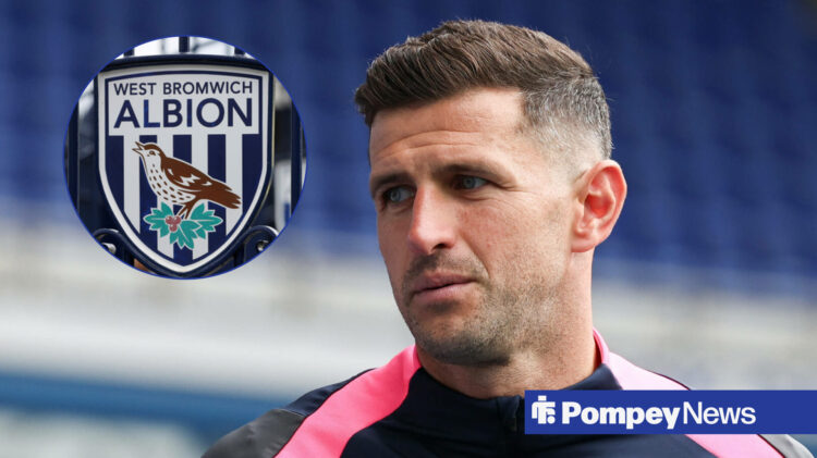 John Mousinho looking towards West Brom badge in circle
