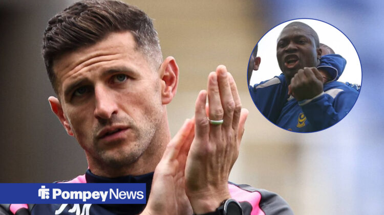 John Mousinho applauding at Portsmouth with celebratory Yakubu in circular inset.