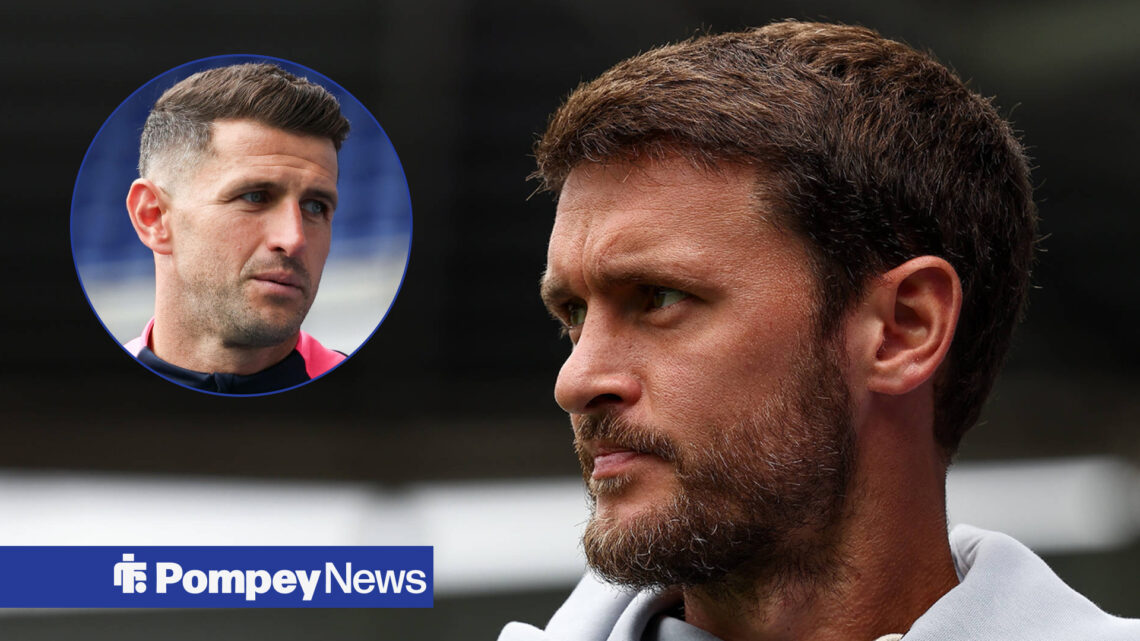 John Mousinho looks at Portsmouth man John Swift.