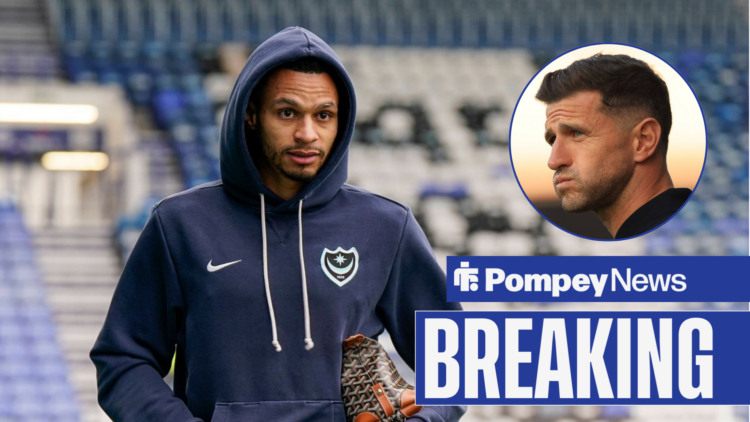Breaking News as Portsmouth star Josh Murphy gazes into the distance with his hood up, while John Mousinho puffs out his cheeks in a circular inset.