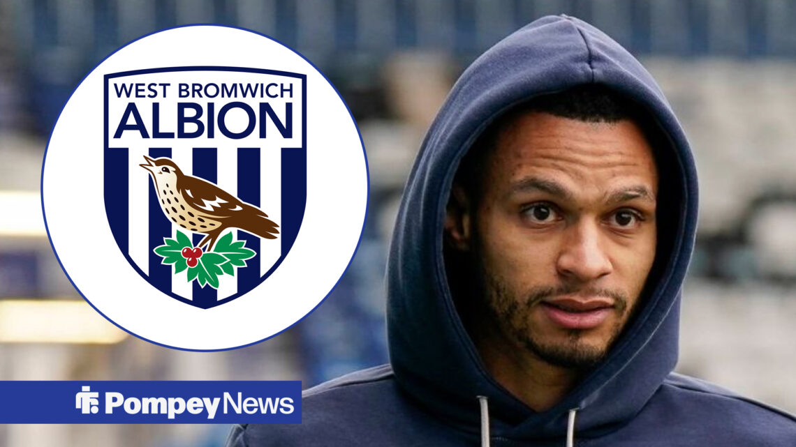 An image of Josh Murphy walking at Fratton Park, with a circular inset of the West Bromwich Albion badge next to it.