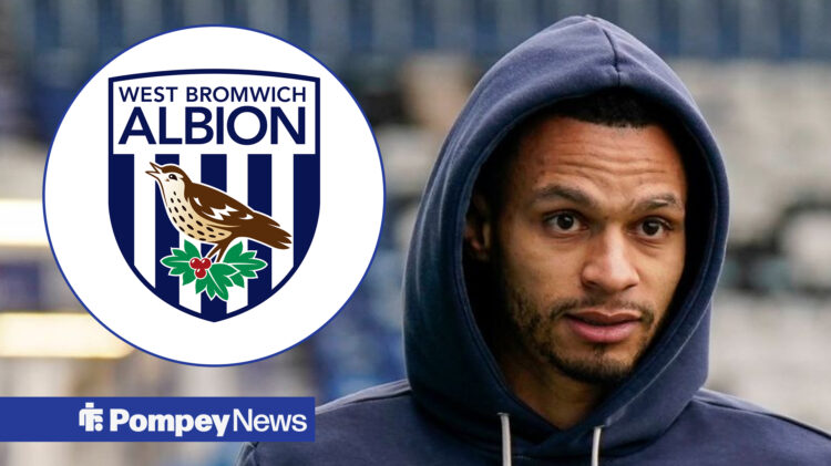 An image of Josh Murphy walking at Fratton Park, with a circular inset of the West Bromwich Albion badge next to it.