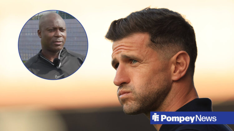 Portsmouth manager John Mousinho looking towards the left, Yakubu in circular inset