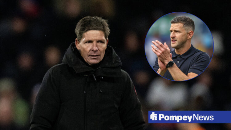 Oliver Glasner in big black coast with John Mousinho clapping in circle