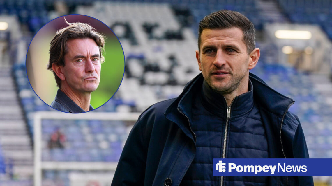 Portsmouth boss John Mousinho looking toward Tottenham manager Thomas Frank