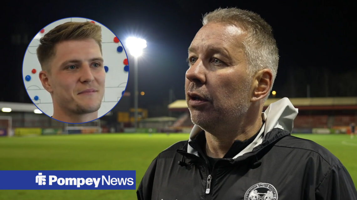 Peterborough United manager Darren Ferguson looking pleased towards Josh Knight in a circular inset.