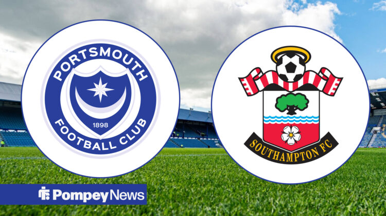 Southampton and Portsmouth badges with Fratton Park in background