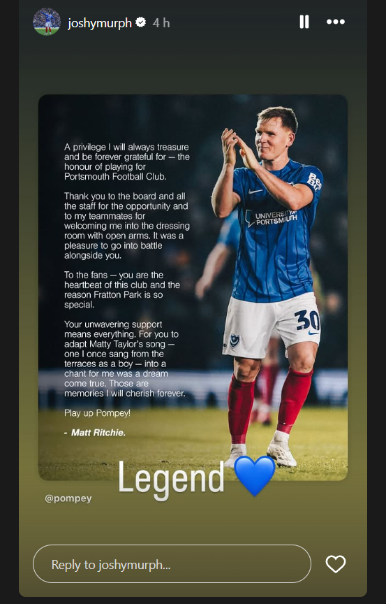 Josh Murphy's message to Matt Ritchie on Instagram