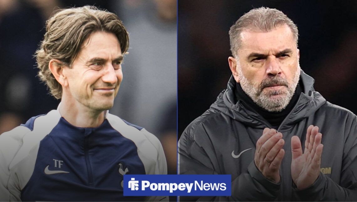 Tottenham manager Thomas Frank smiles as Ange Postecoglou applauds.