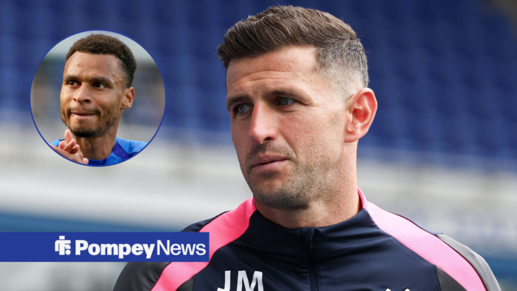 John Mousinho in coaching jumper with Josh Murphy in circular inset
