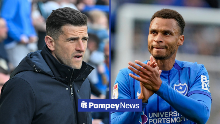 John Mousinho in coat and Josh Murphy in Portsmouth home shirt