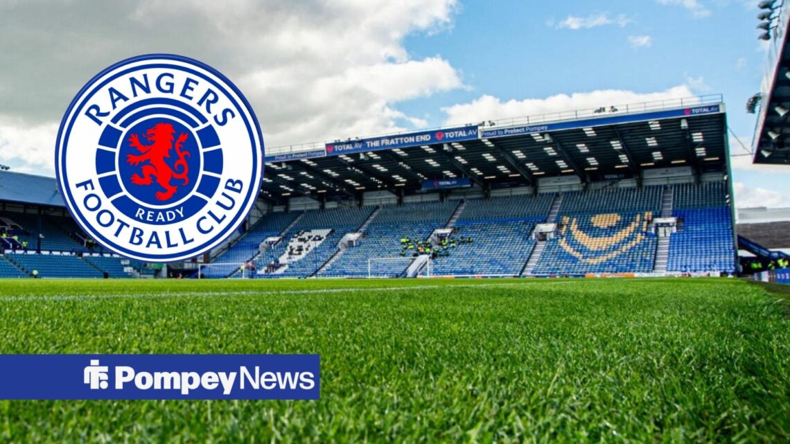 Fratton Park with Rangers badge in circle