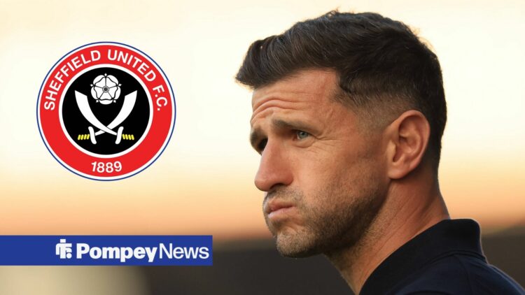 John Mousinho looking at Sheffield United badge in circle