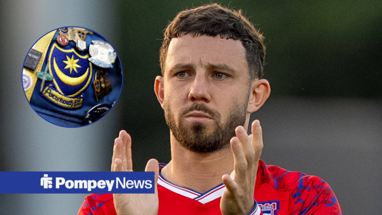 Portsmouth loanee Conor Chaplin claps as he looks to the left. Portsmouth badge is shown in a small circle.