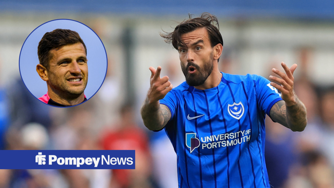 Marlon Pack in action for Portsmouth, with John Mousinho in a circular frame