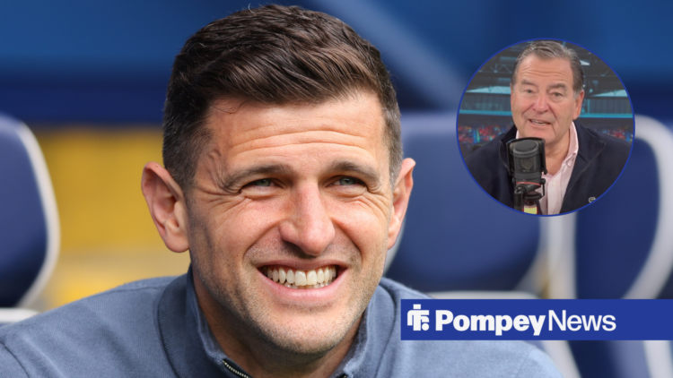 John Mousinho smiling with Jeff Stelling in circle