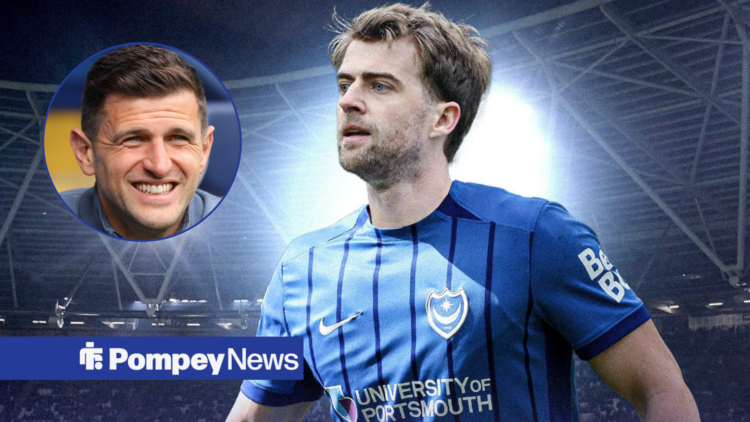 Patrick Bamford in Portsmouth kit with John Mousinho smiling in circle