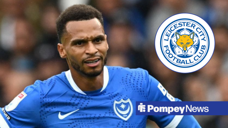 An image of Portsmouth winger Josh Murphy with an inset of the Leicester City badge.
