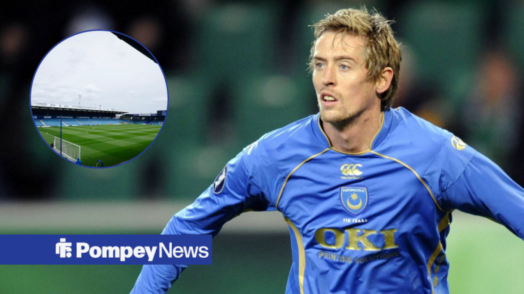 Peter Crouch in a Portsmouth kit alongside a circle inset of Fratton Park.