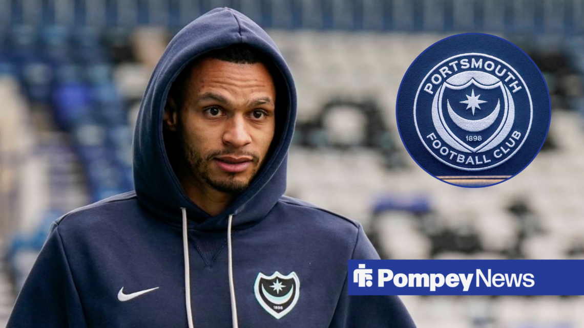 Josh Murphy in a Portsmouth hoodie next to a Portsmouth badge in a circle inset