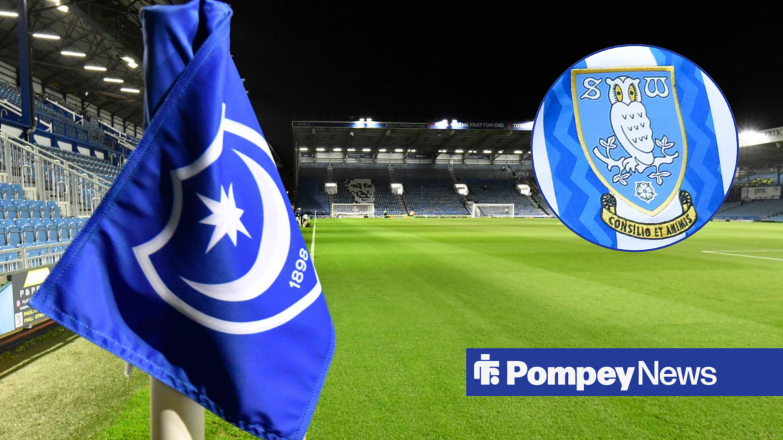 Fratton Park showing Portsmouth flag with Sheffield Wednesday badge in circle