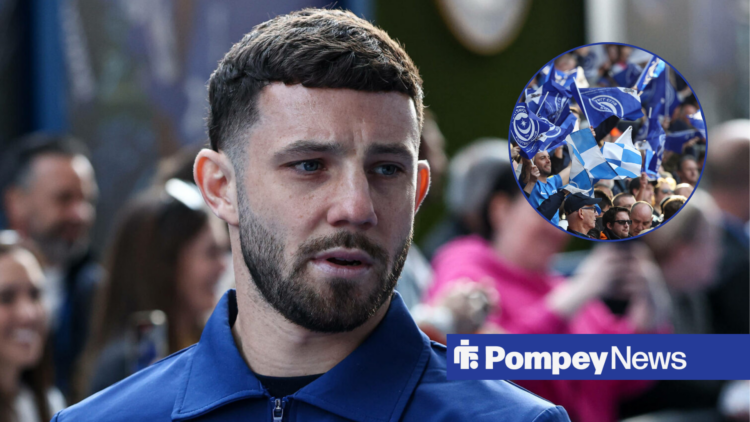 Conor Chaplin looking at Portsmouth fans in circle frame