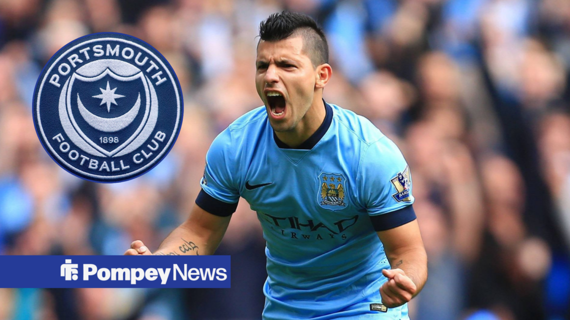 Sergio Aguero celebrating goal for Manchester City with Portsmouth badge in circle