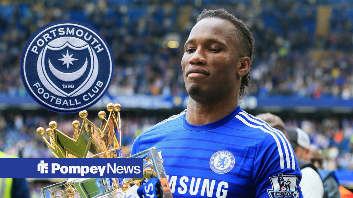 Didier Drogba lifting the Premier League trophy with Portsmouth badge is circle