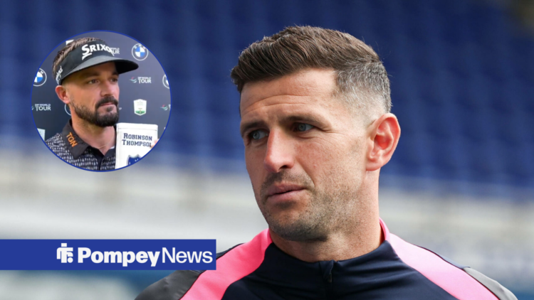 John Mousinho looks to his right, with Brandon Robinson-Thompson in a circular frame