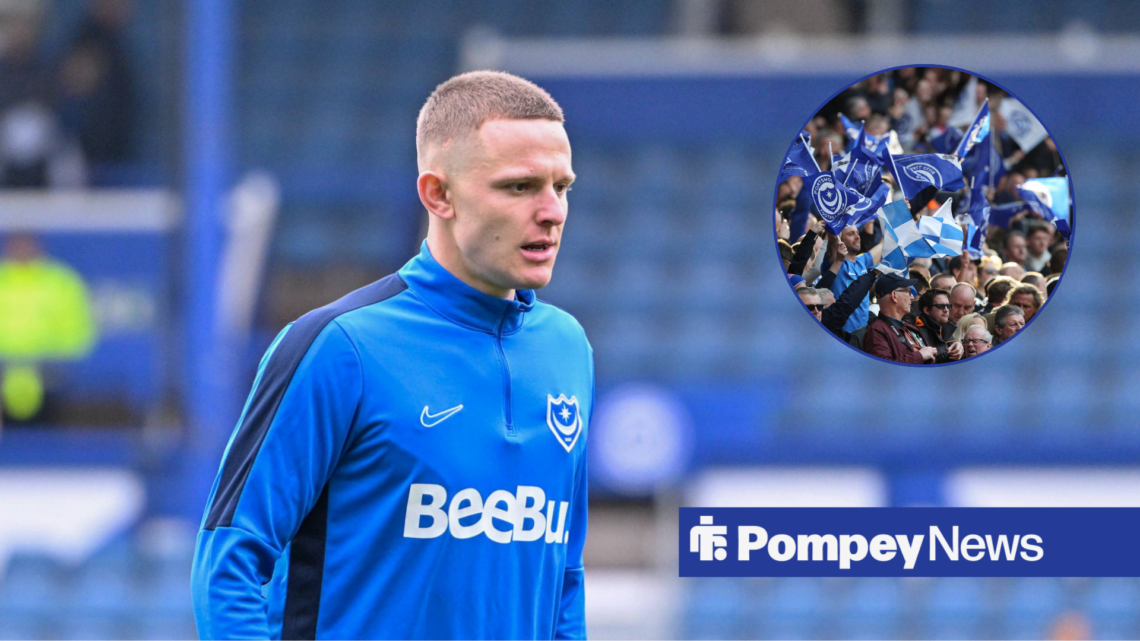 Colby Bishop alongside a circle inset of Portsmouth fans