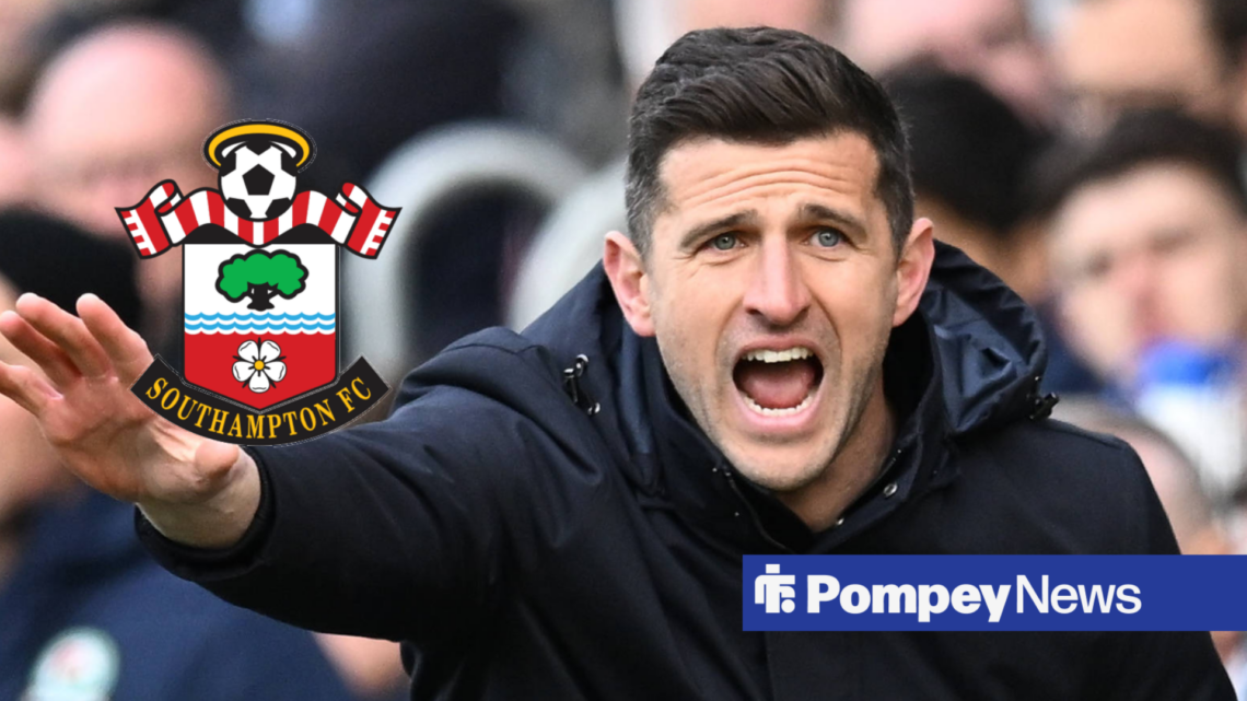 Portsmouth manager John Mousinho shouting with Southampton badge inset