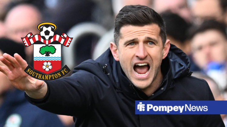 Portsmouth manager John Mousinho shouting with Southampton badge inset