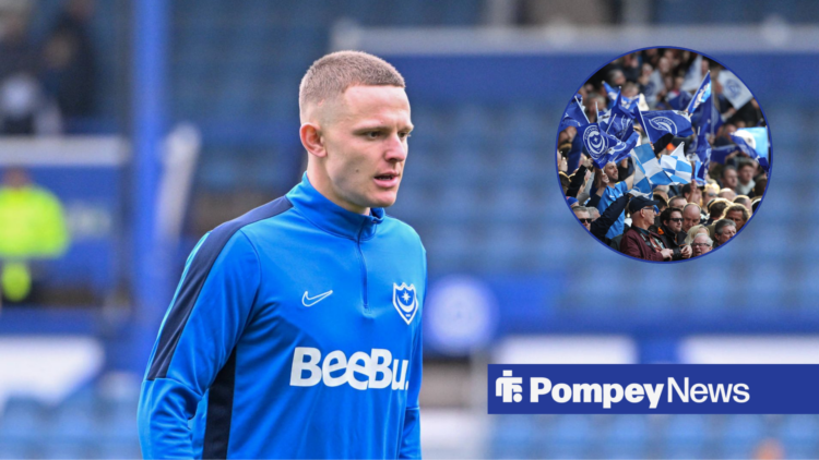 Colby Bishop alongside a circle inset of Portsmouth fans