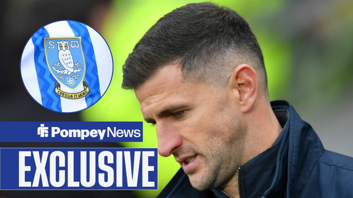 John Mousinho looking down with Sheffield Wednesday badge in circle