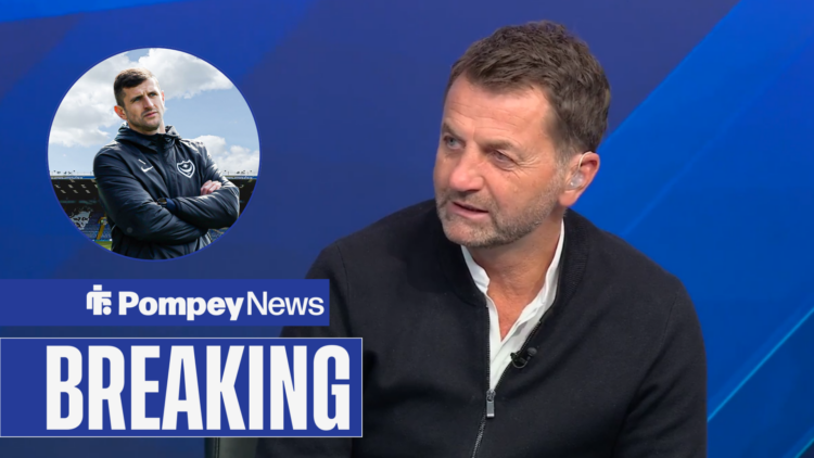 Tim Sherwood looks to the left while on Sky Sports. In a circle is Portsmouth manager John Mousinho.