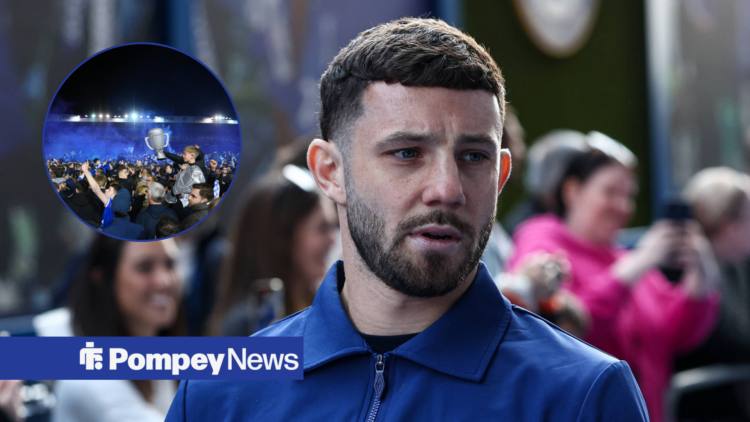 Conor Chaplin with Portsmouth fans in left inset