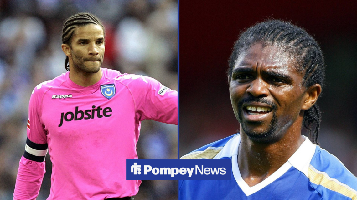 David James pointing on left side with Nwankwo Kanu looking at the goalkeeper on the right