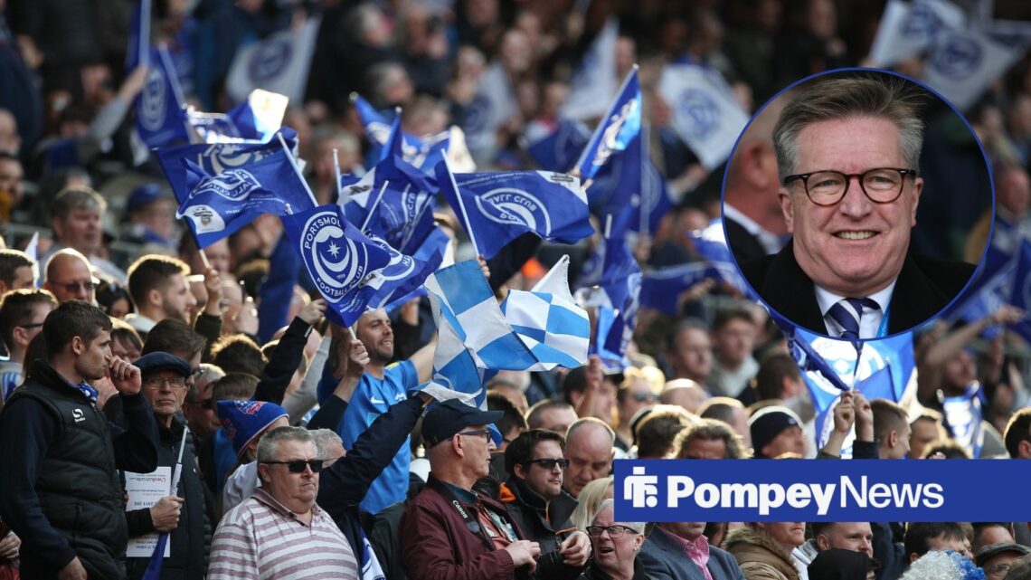 Portsmouth fans with blue flags and Andy Cullen in circular inset
